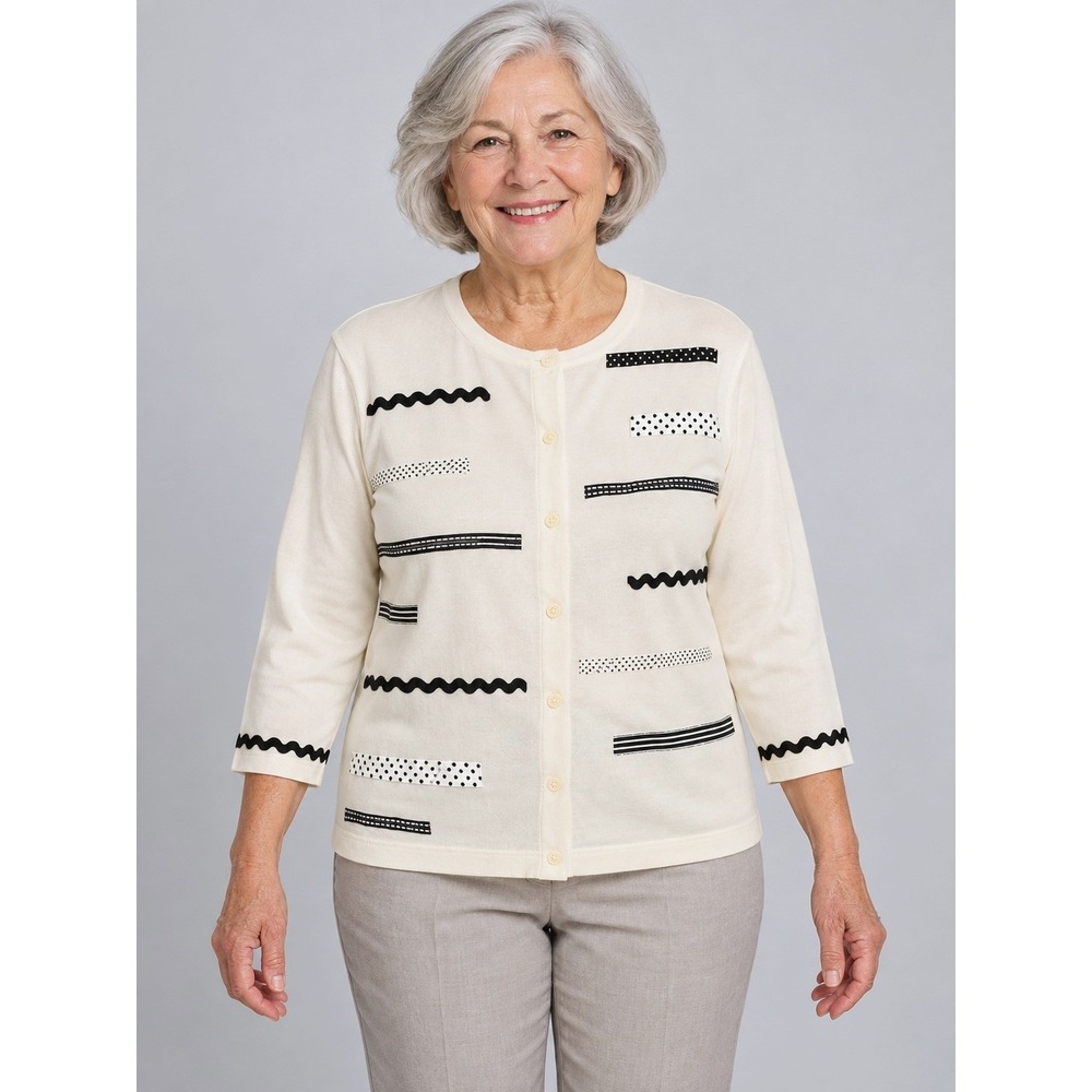 Cream Black Cotton Cardigan Womens 3X 24/26W Ribbon Trim Button Front NWT